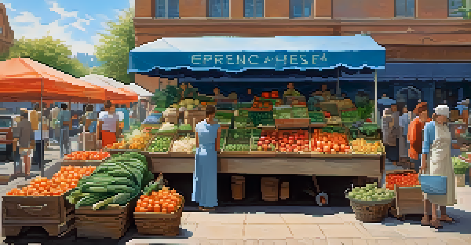 An outdoor market stall brimming with fresh organic fruits and vegetables, with customers selecting produce.