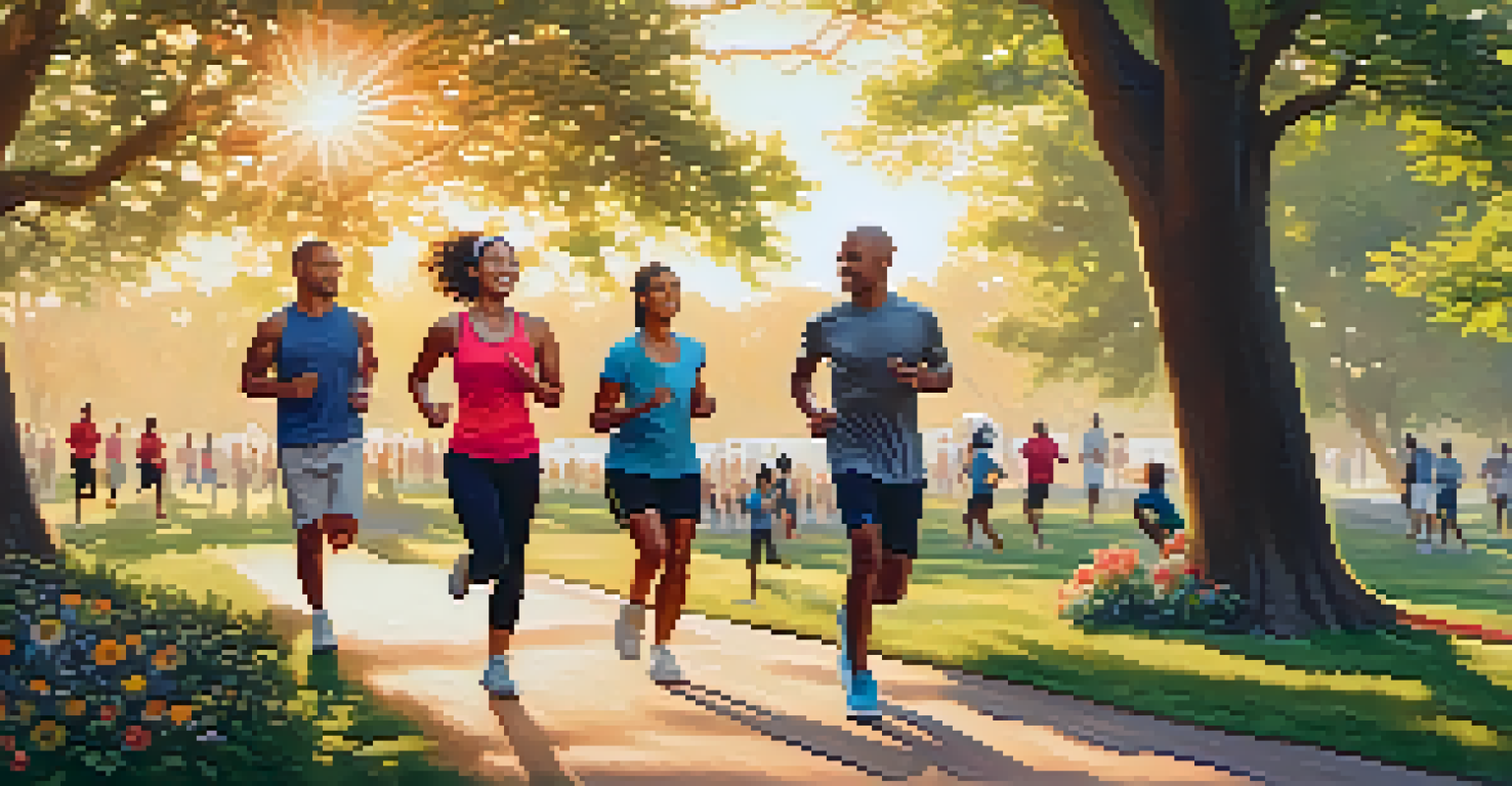 A diverse group of people exercising in a park at sunset, engaging in activities like walking, jogging, and yoga, surrounded by greenery and flowers.