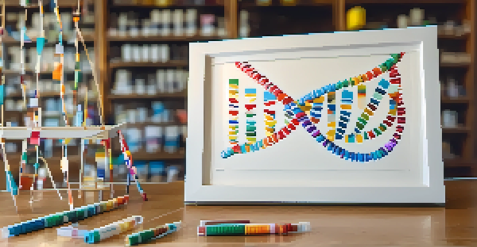 A detailed view of a DNA double helix model on a wooden desk, surrounded by genetic testing kits and notes, illuminated by soft natural light.