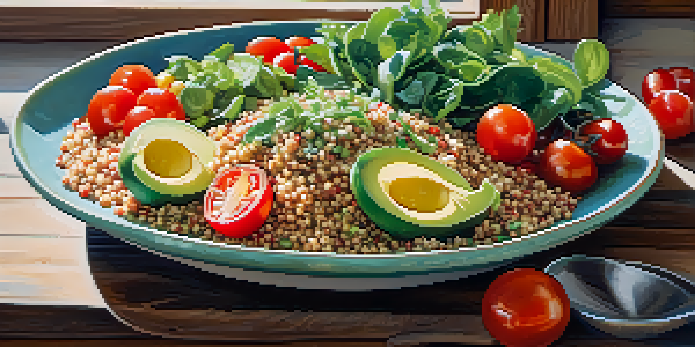 A colorful plant-based meal with quinoa, leafy greens, cherry tomatoes, and avocado on a wooden table lit by natural light.