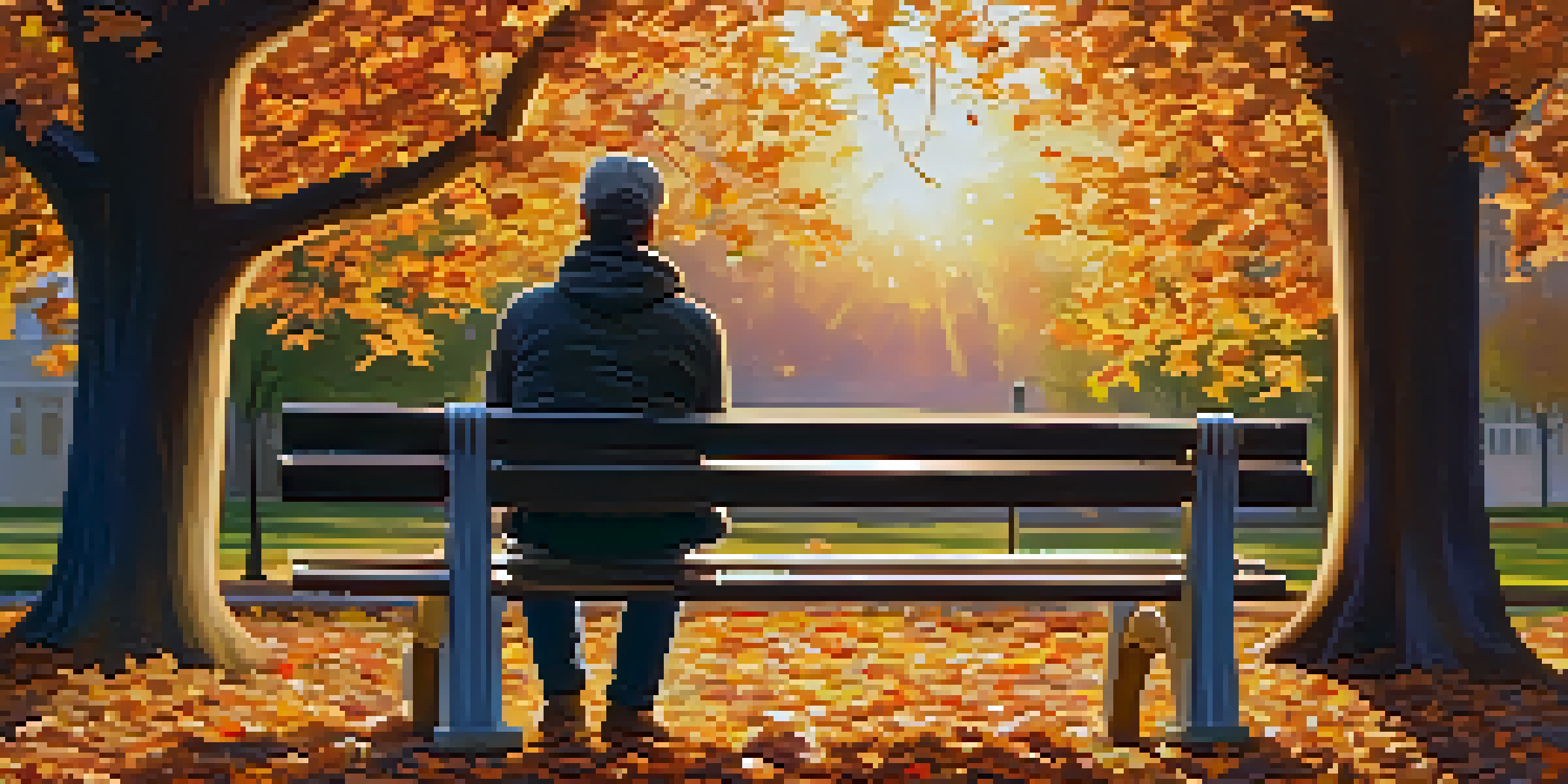 A person sitting on a bench in a park during sunset, writing in a journal surrounded by autumn leaves.