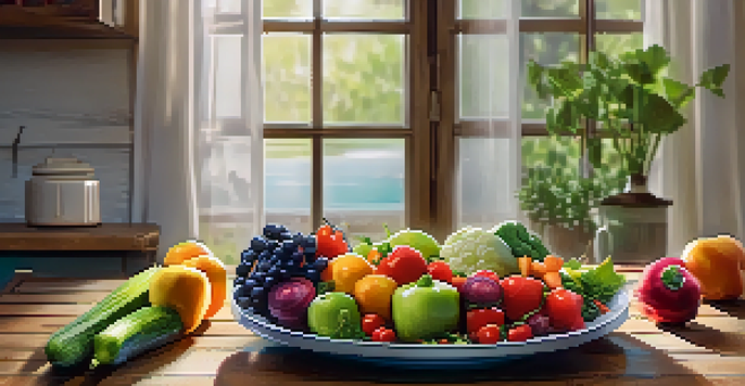A colorful plate filled with fresh vegetables and fruits on a wooden table, with natural light illuminating the scene.