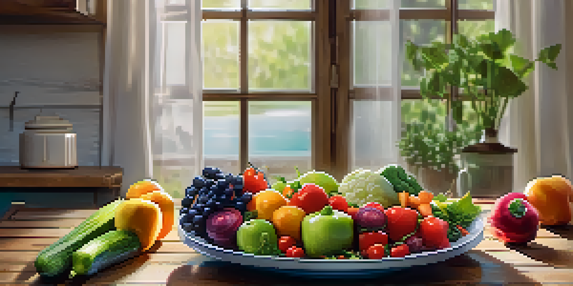A colorful plate filled with fresh vegetables and fruits on a wooden table, with natural light illuminating the scene.