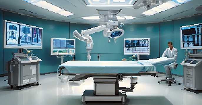 A modern surgical room with a surgeon using a robotic arm, surrounded by high-tech monitors and sterile instruments.