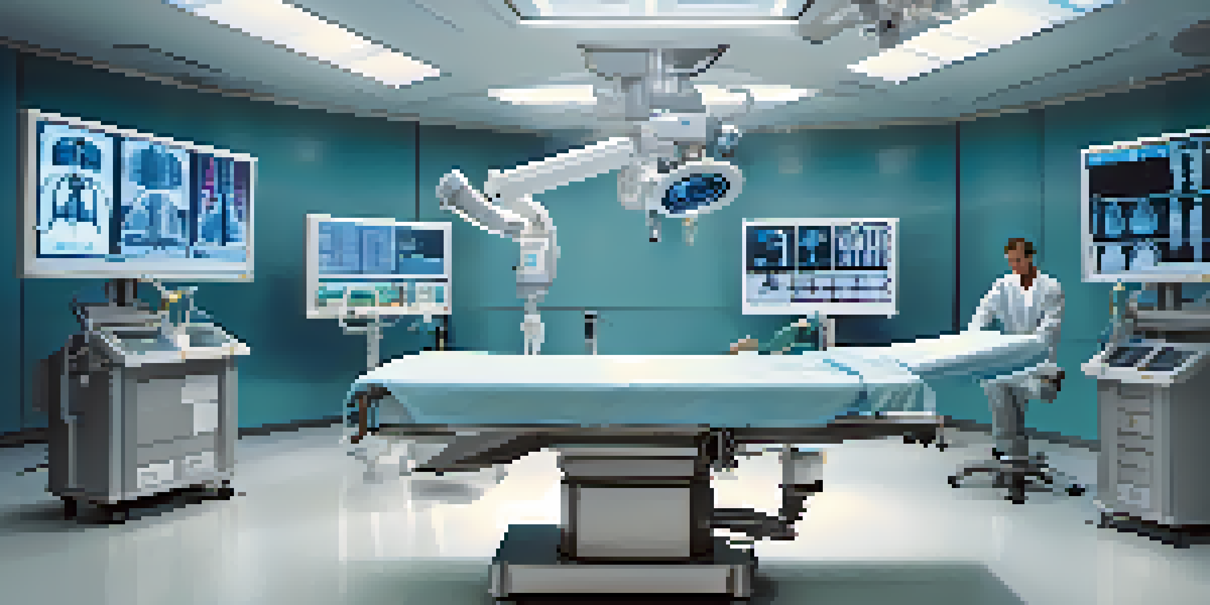 A modern surgical room with a surgeon using a robotic arm, surrounded by high-tech monitors and sterile instruments.