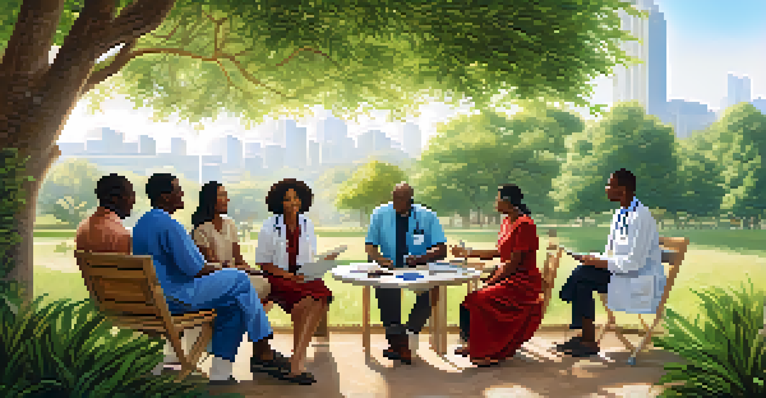 A diverse group of patients discussing health with a healthcare provider outdoors under a tree.