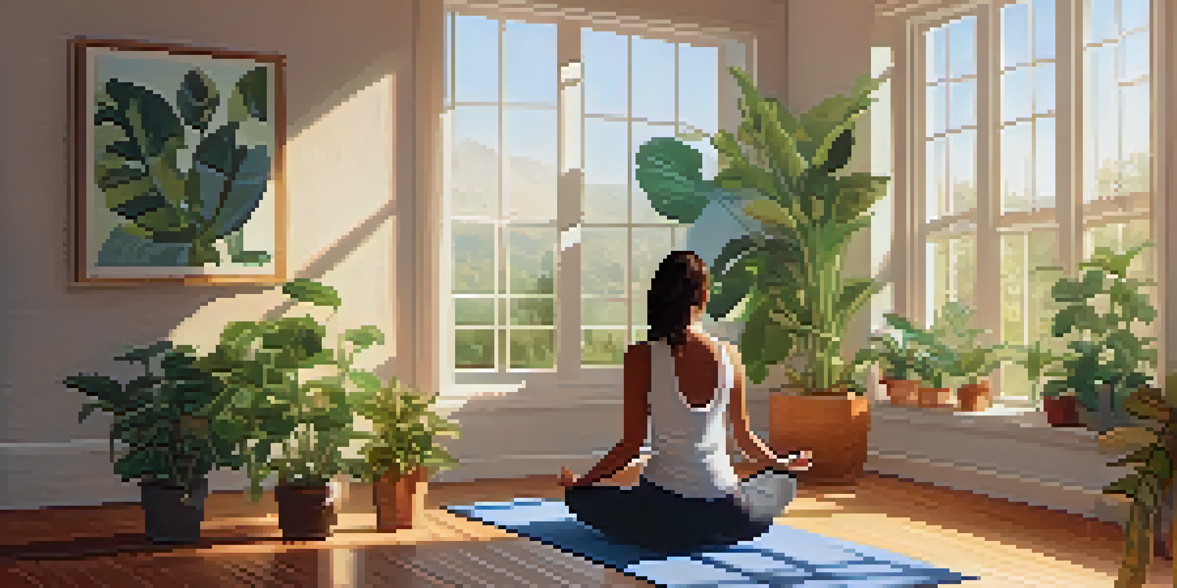 A person meditating on a yoga mat in a bright room filled with plants, creating a peaceful atmosphere.