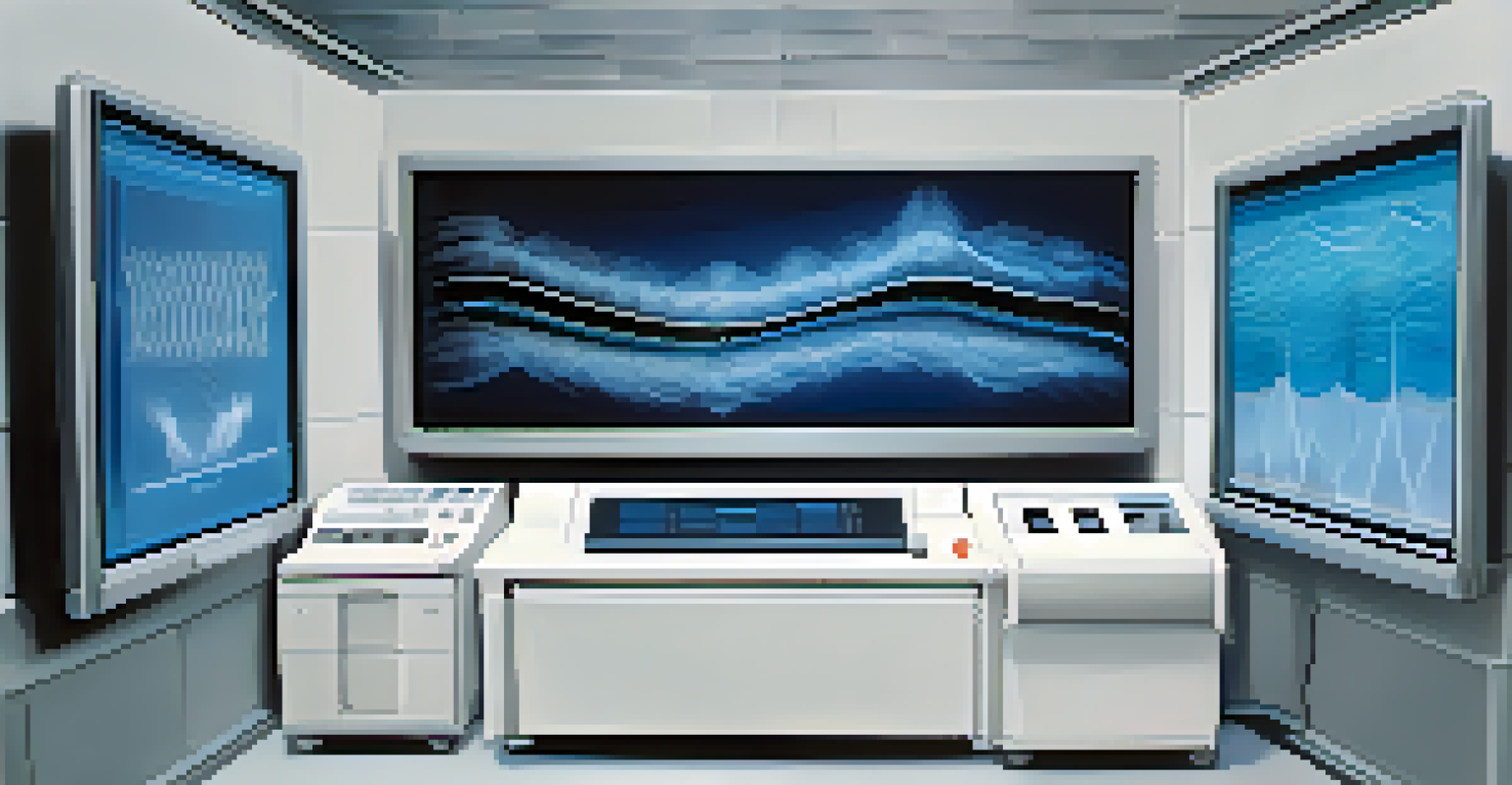 A visual representation of sound waves from an ultrasound transducer interacting with body tissues, set against a soft blue background.
