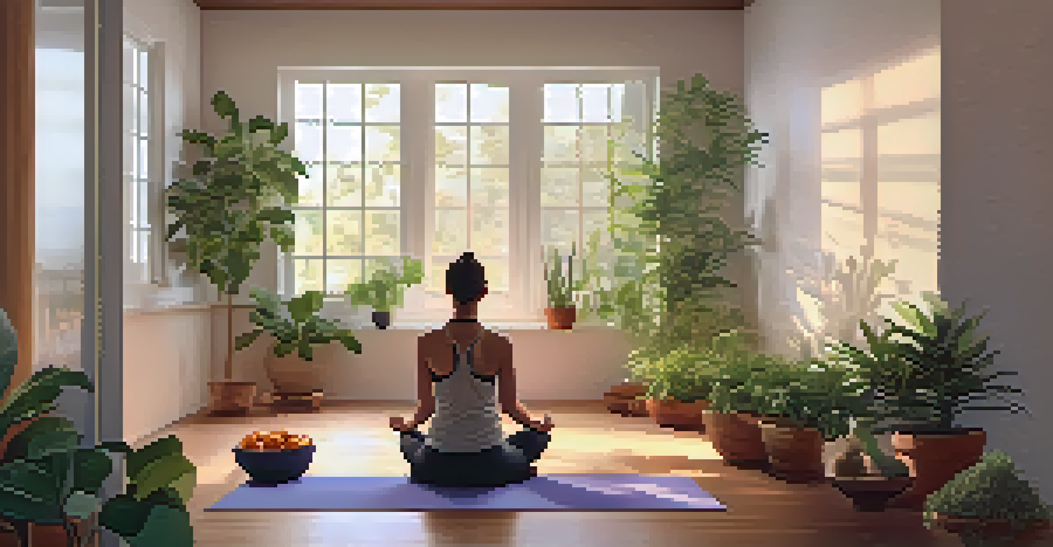 A person meditating on a yoga mat in a tranquil studio surrounded by plants and a bowl of fresh fruits, conveying a sense of peace.