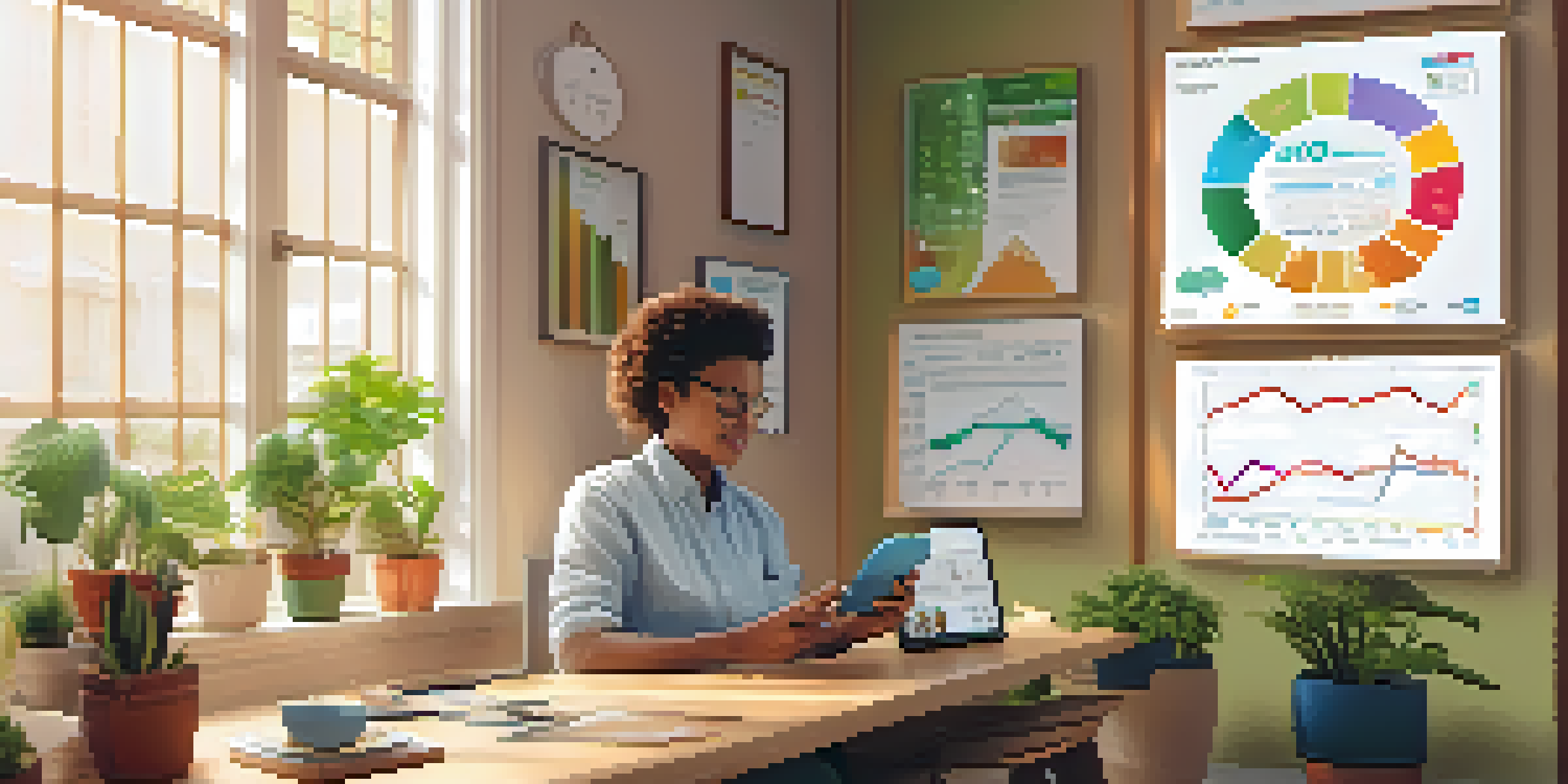 A person using a health tracking app on their smartphone, with graphs and charts visible on the screen in a bright, plant-filled room.