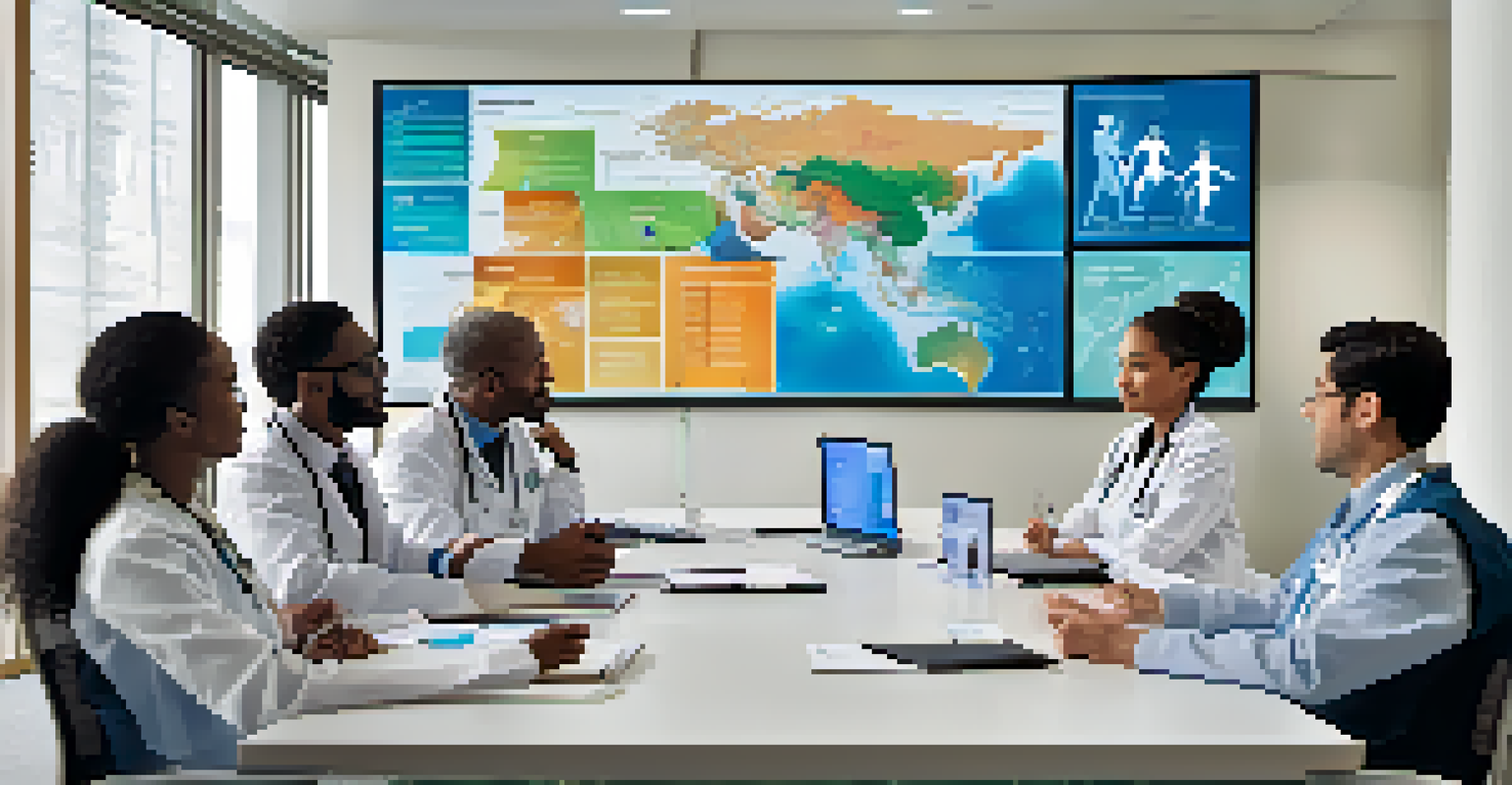 A diverse group of healthcare professionals in a meeting room discussing population health management strategies with data visualizations on a screen.