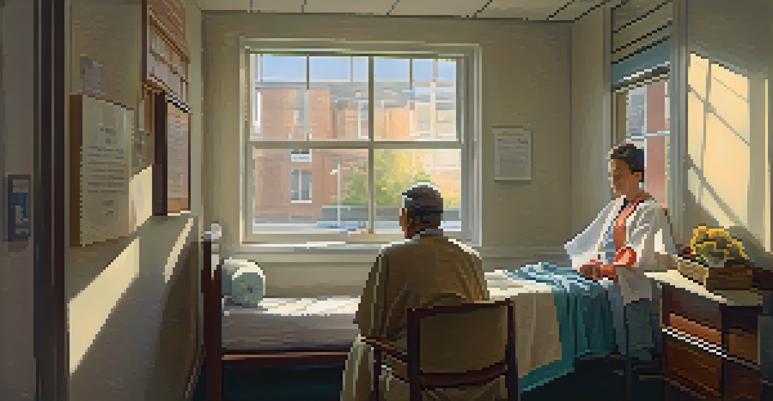 A chaplain in a cozy hospital corner talking with a patient, with soft light and personal items around, creating a warm atmosphere.