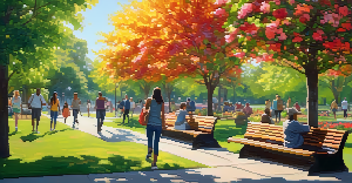A lively community park where diverse individuals are walking together, surrounded by greenery and flowers, with sunlight creating a warm atmosphere.