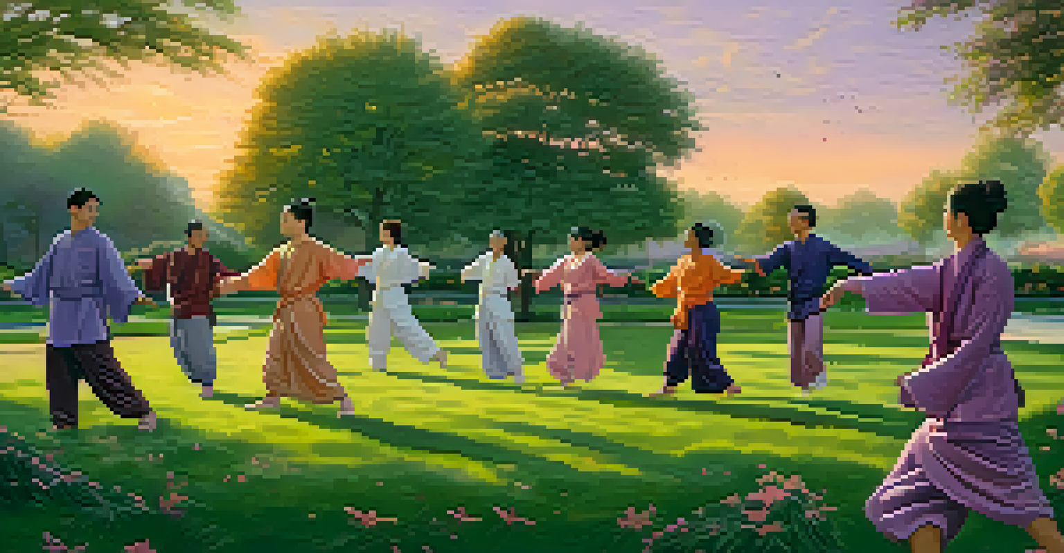 A diverse group practicing tai chi in a park at sunset, surrounded by nature and flowers.