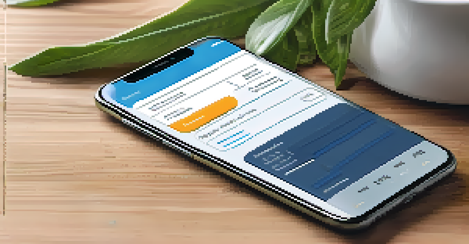 A smartphone displaying a mobile health application interface with health tracking and reminders on a wooden table.