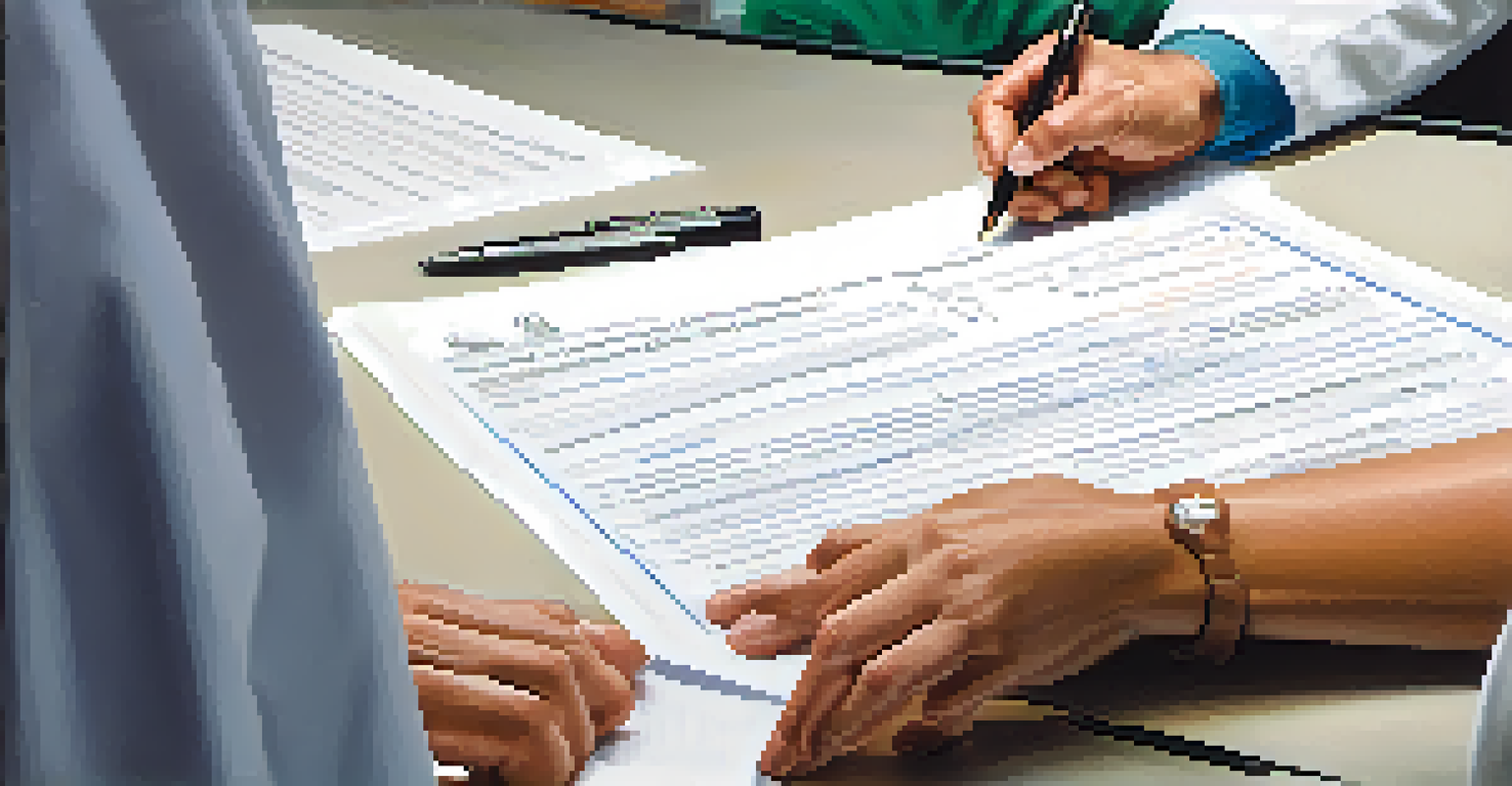 Close-up of hands signing an informed consent form with a blurred image of a surgeon and patient discussing in the background.