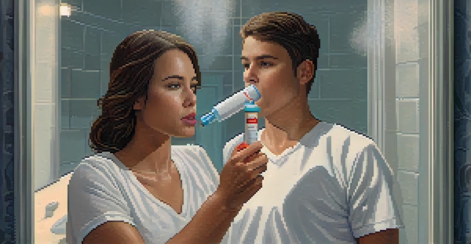 A person demonstrating the correct way to use a dry powder inhaler while standing in front of a bathroom mirror.