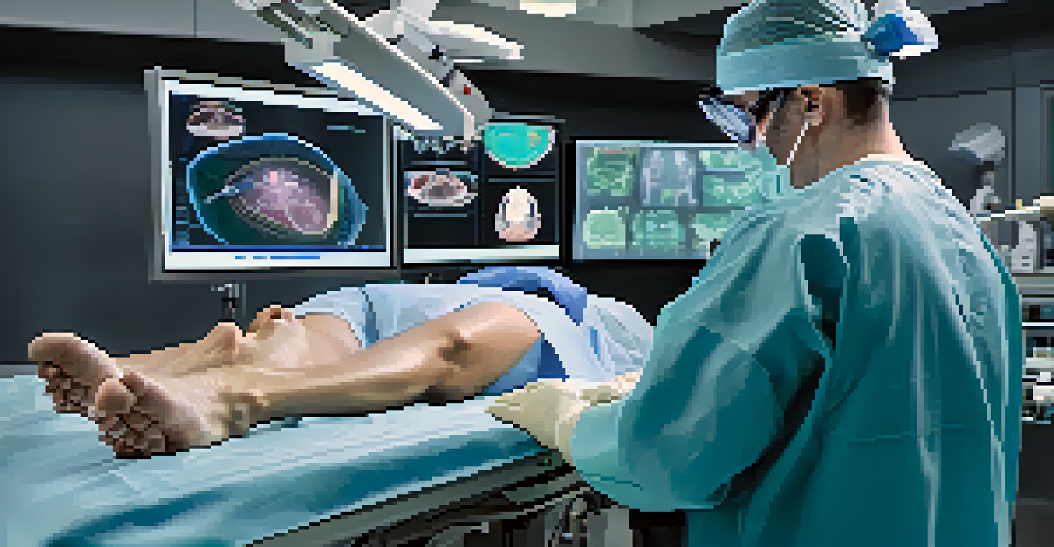 A surgeon wearing augmented reality glasses in an operating room, with digital overlays visible on monitors.