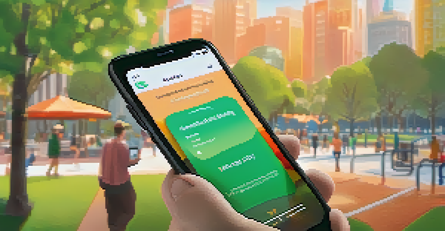 A close-up of a smartphone displaying a health app interface for symptom reporting, with a person in the background wearing a mask in a park.
