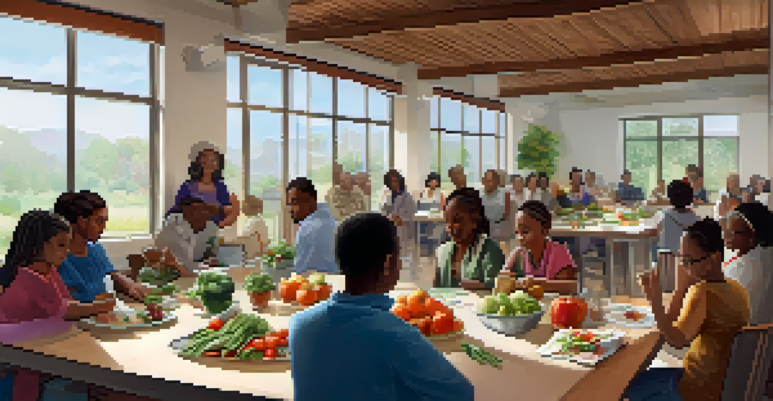 A workshop in a community center where a facilitator teaches healthy cooking to an engaged audience, surrounded by fresh produce.