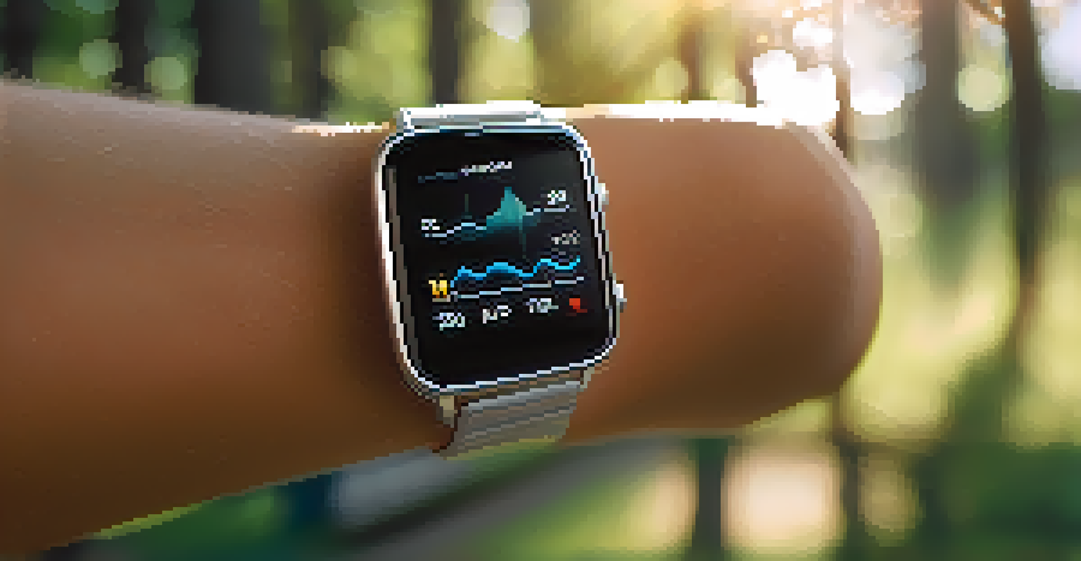A smartwatch showing real-time health monitoring data while a person exercises outdoors in a sunlit environment.