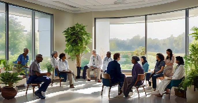 A diverse group of patients and healthcare providers in a bright room, discussing healthcare collaboratively.