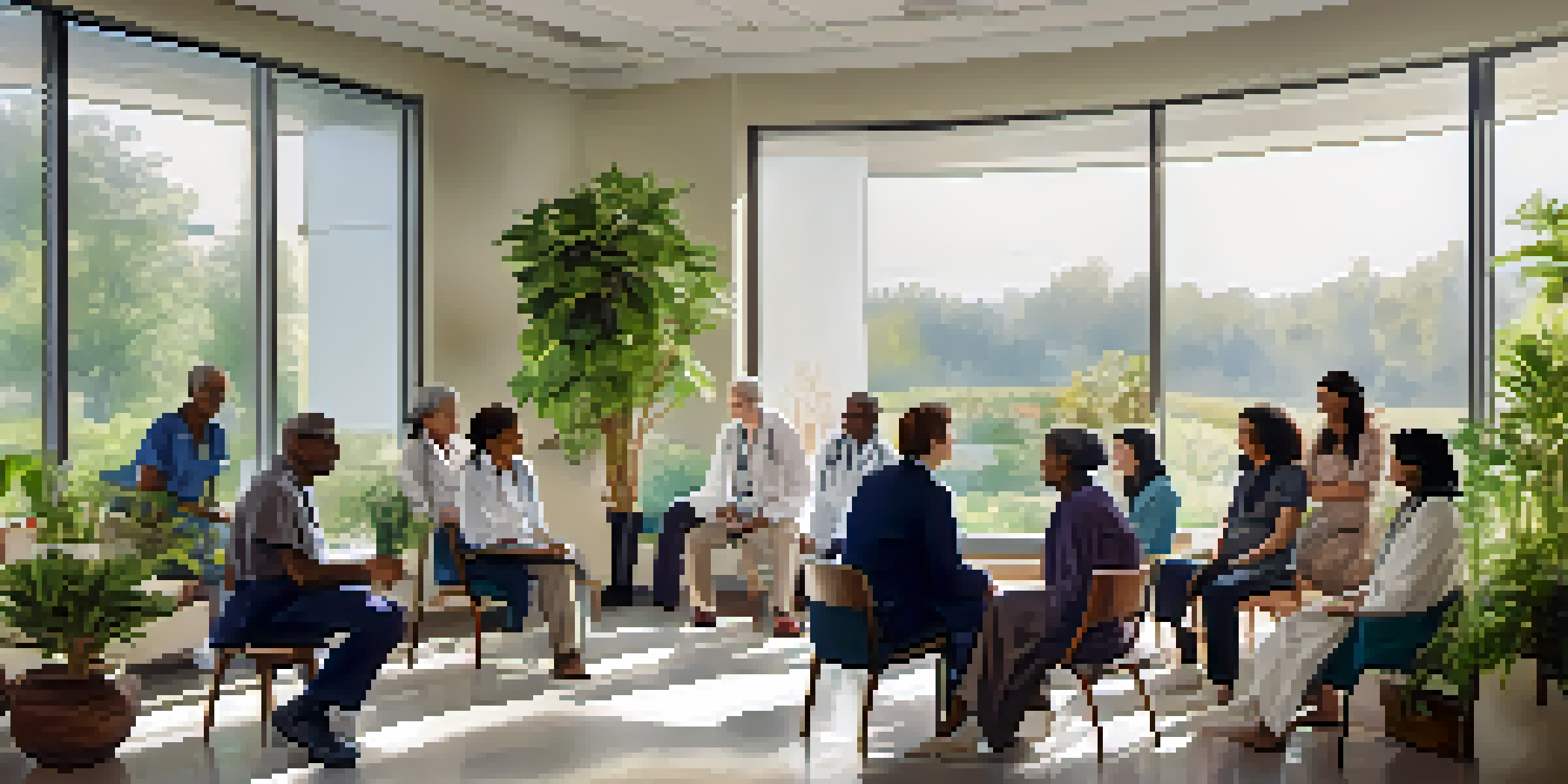 A diverse group of patients and healthcare providers in a bright room, discussing healthcare collaboratively.