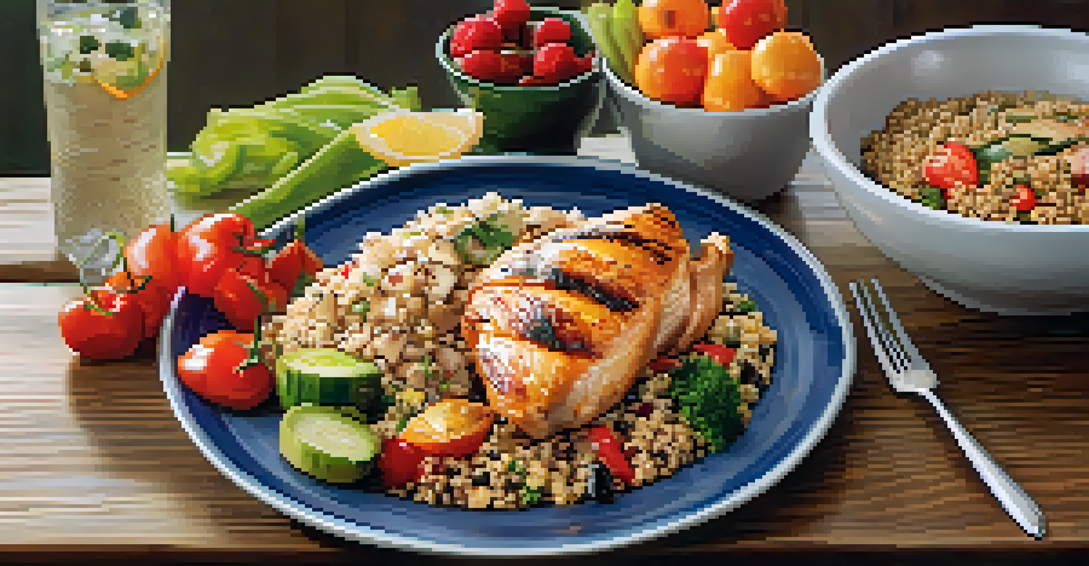 A close-up of a healthy meal with grilled chicken, quinoa, and vegetables on a wooden table.