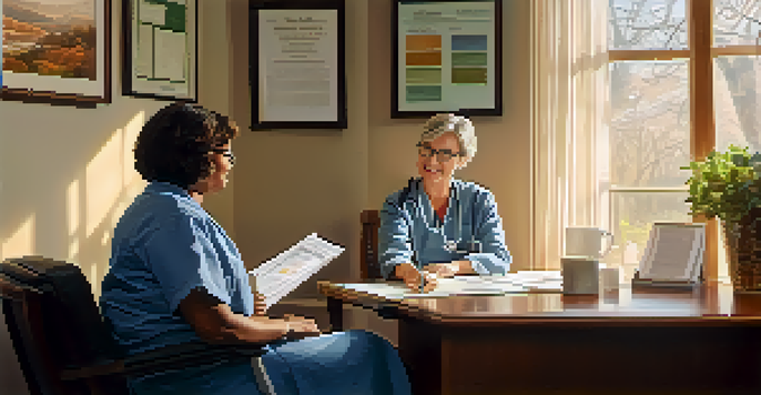 A patient advocate helping a middle-aged woman in a doctor's office, reviewing medical documents together.