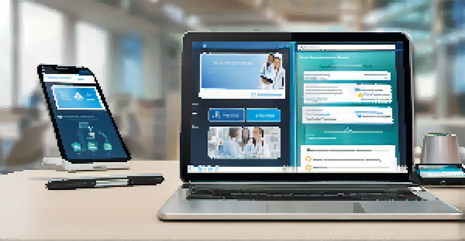 Modern technology tools for patient engagement including a smartphone app, laptop with an online survey, and tablet for telehealth.