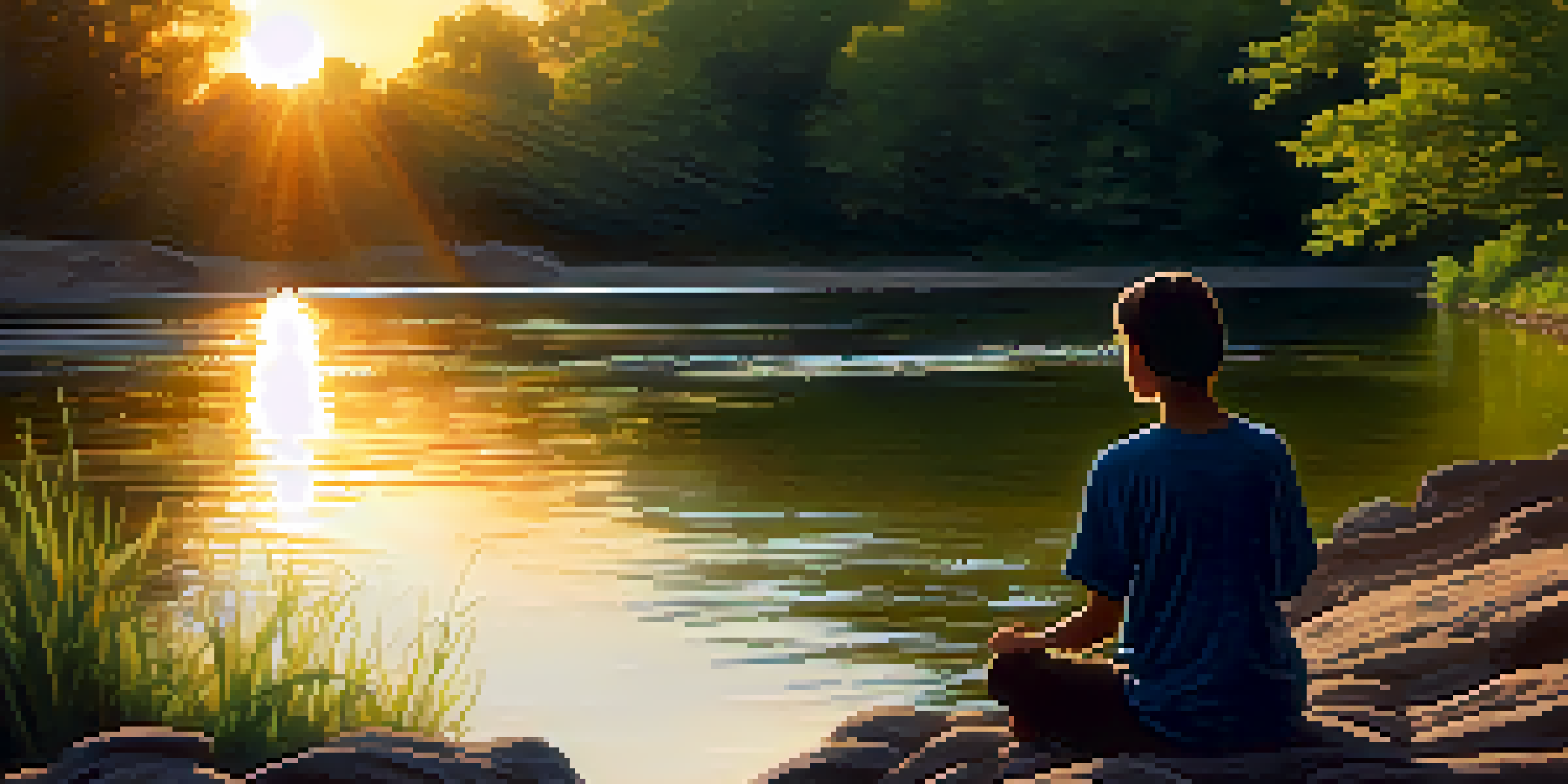 A person sitting by a river, practicing mindfulness while watching the flowing water under a warm sunset.