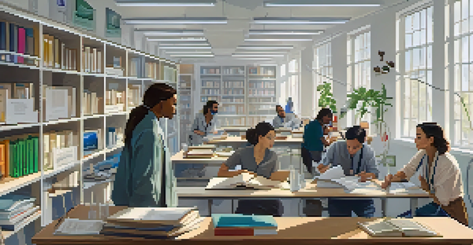 A diverse group of researchers in a bright laboratory discussing ethical guidelines with books and research materials around them.