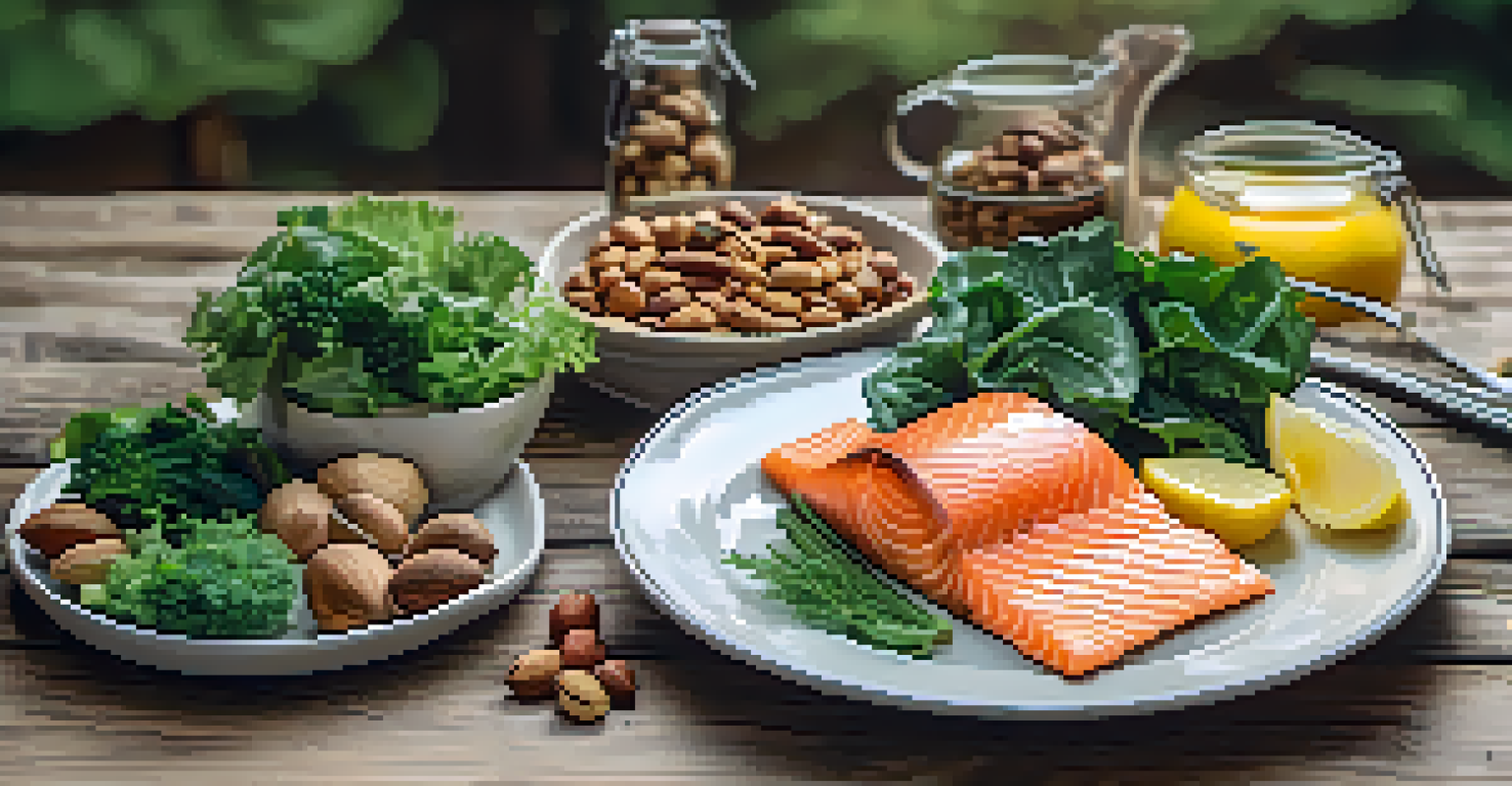 A colorful plate filled with healthy foods such as salmon, greens, and nuts on a wooden table, representing healthy eating for mental wellbeing.