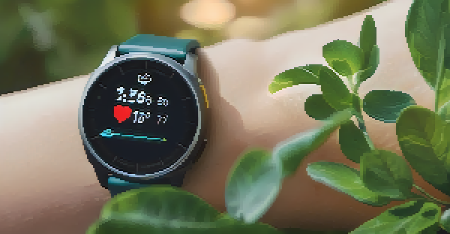 A smartwatch on a wrist showing health metrics in a tranquil outdoor environment, representing wellness and technology.