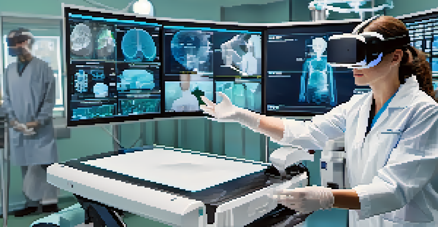 A medical student using a virtual reality headset and gloves in a high-tech simulation lab for medical training.