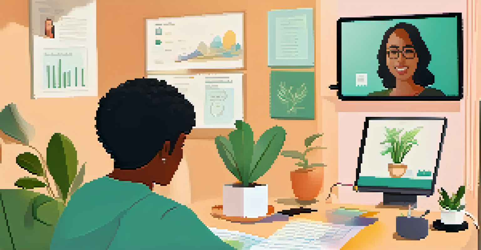 A digital device displaying a video call between a therapist and client, set in a bright workspace with motivational decor.