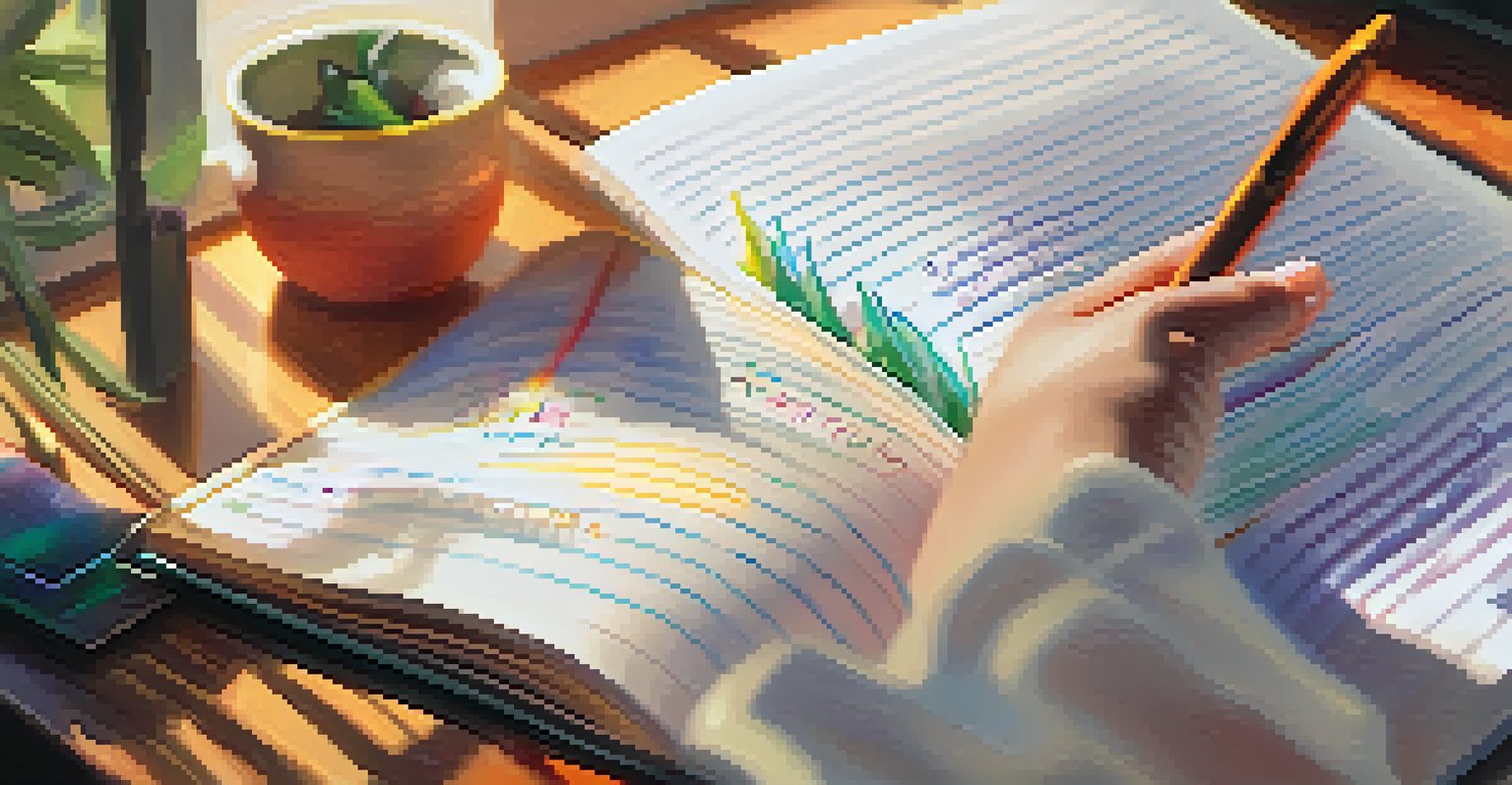 A hand writing in a journal filled with positive affirmations, with sunlight streaming through a window, representing self-reflection and personal growth.