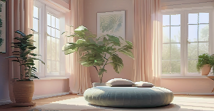 A peaceful meditation corner with natural light, a cozy cushion, and a small plant, creating a tranquil atmosphere.