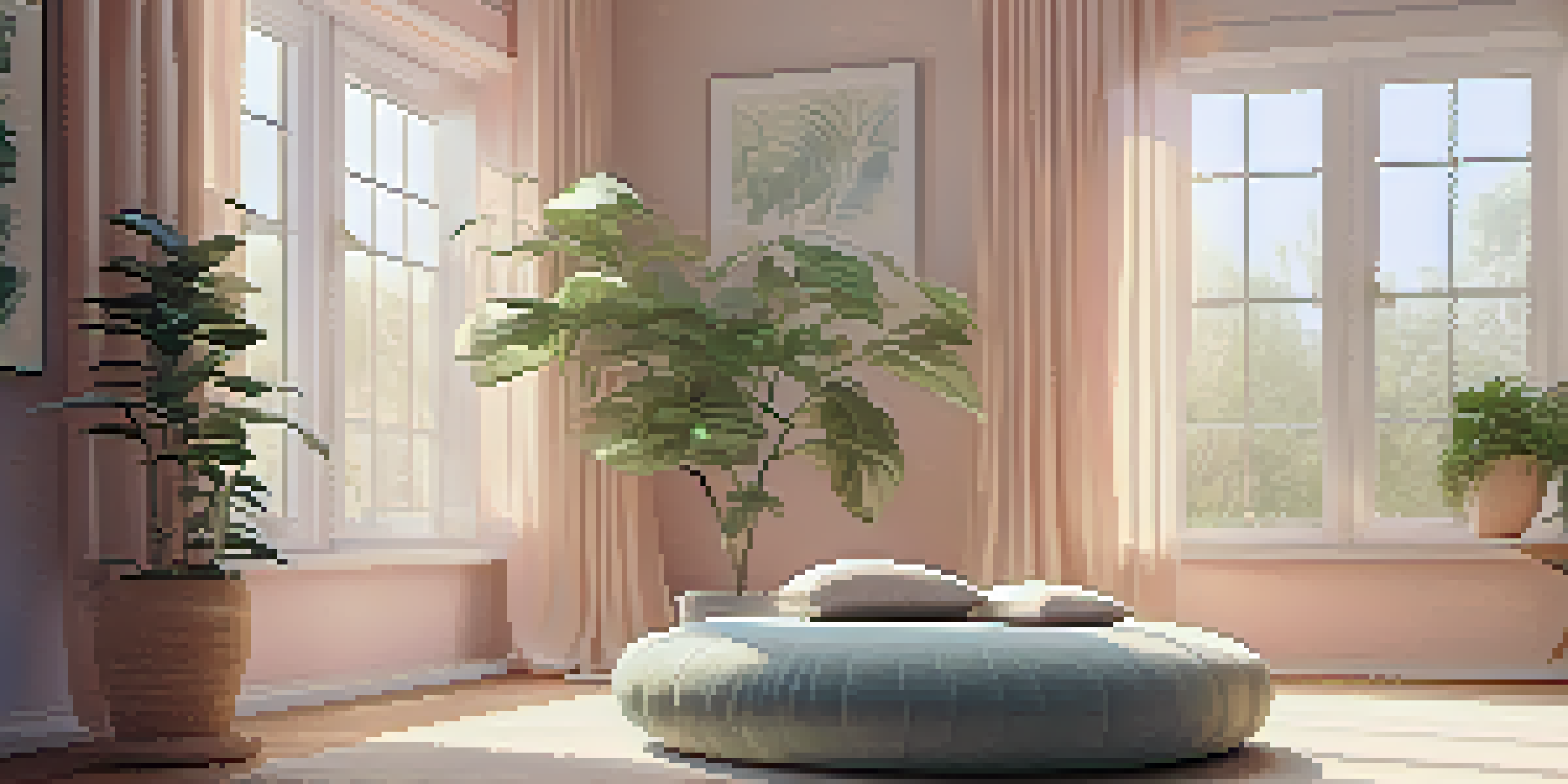 A peaceful meditation corner with natural light, a cozy cushion, and a small plant, creating a tranquil atmosphere.