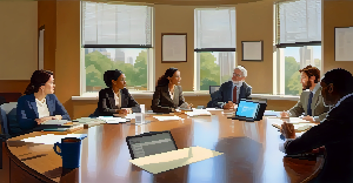 A diverse group of healthcare professionals and community members engaged in a discussion in a conference room, with a round table and natural light coming through the window.