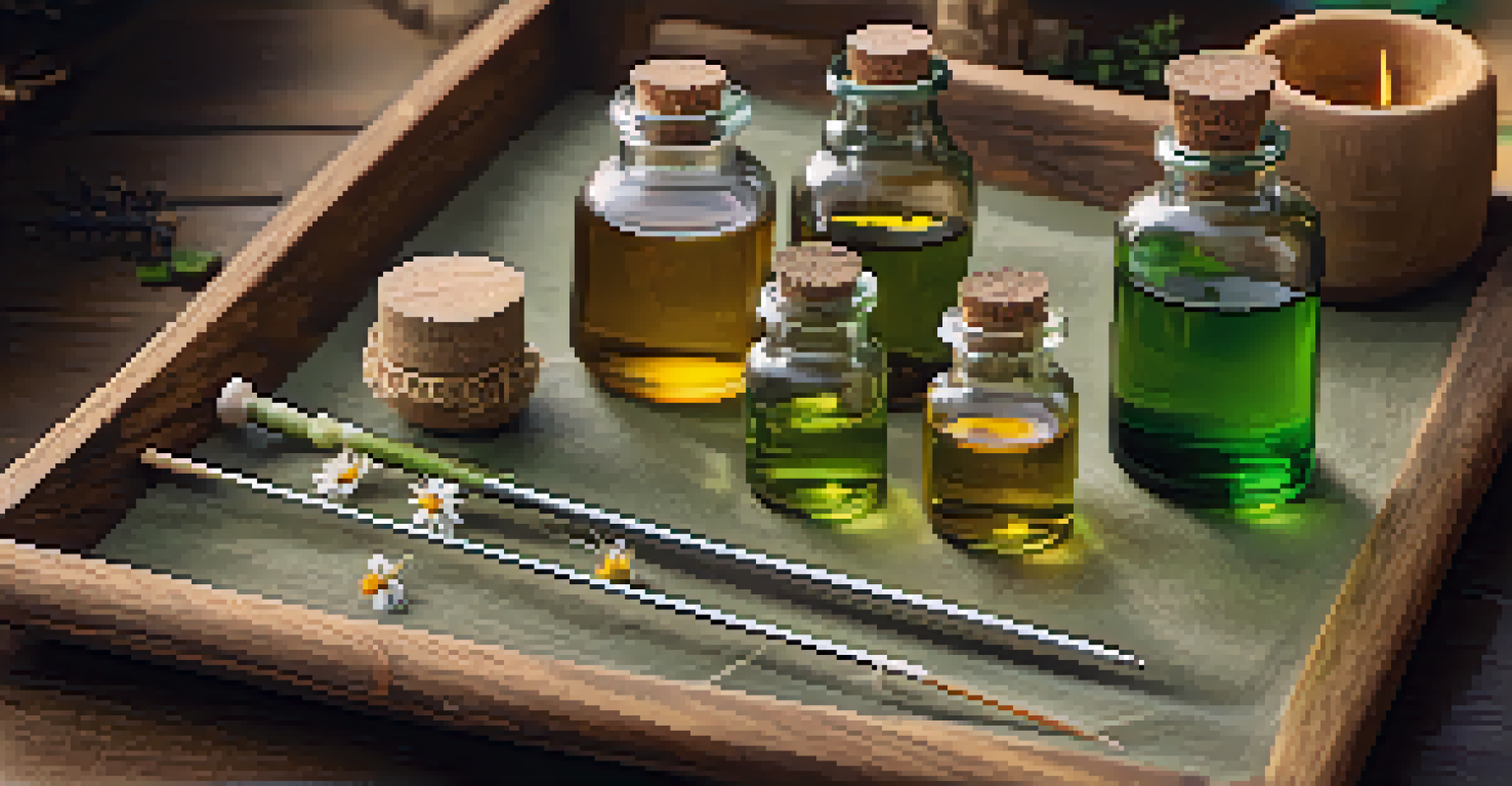 A close-up of acupuncture needles on a wooden tray with essential oils and herbal remedies.