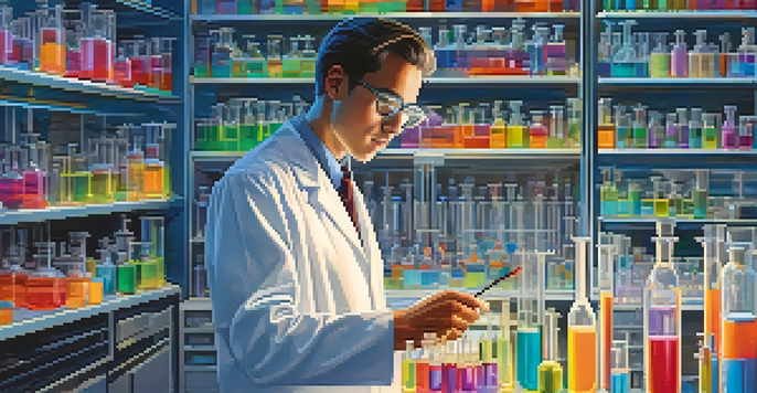 A scientist in a laboratory examining a test tube filled with a colorful liquid, surrounded by lab equipment and chemical compounds.