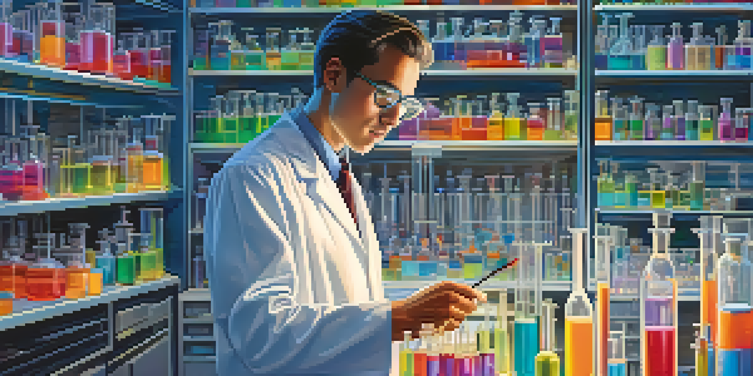 A scientist in a laboratory examining a test tube filled with a colorful liquid, surrounded by lab equipment and chemical compounds.