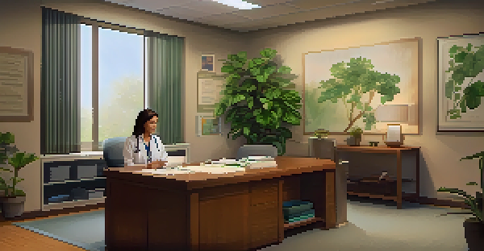 A warm consultation room with a genetic counselor and a patient discussing health concerns, surrounded by plants and medical books.