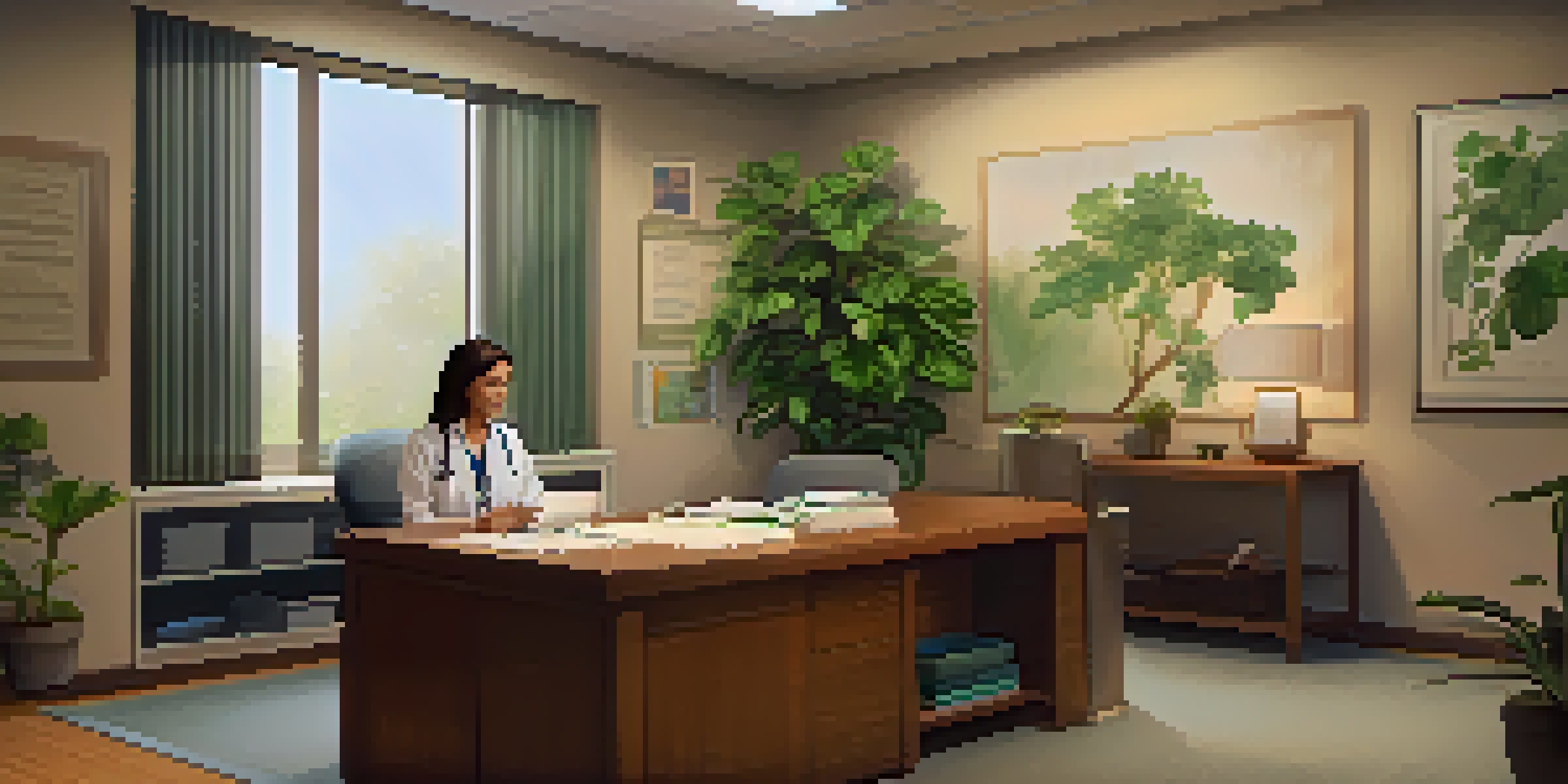 A warm consultation room with a genetic counselor and a patient discussing health concerns, surrounded by plants and medical books.