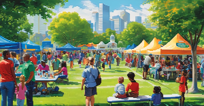 A lively community health fair with diverse participants engaging in health screenings and educational activities under a sunny sky.