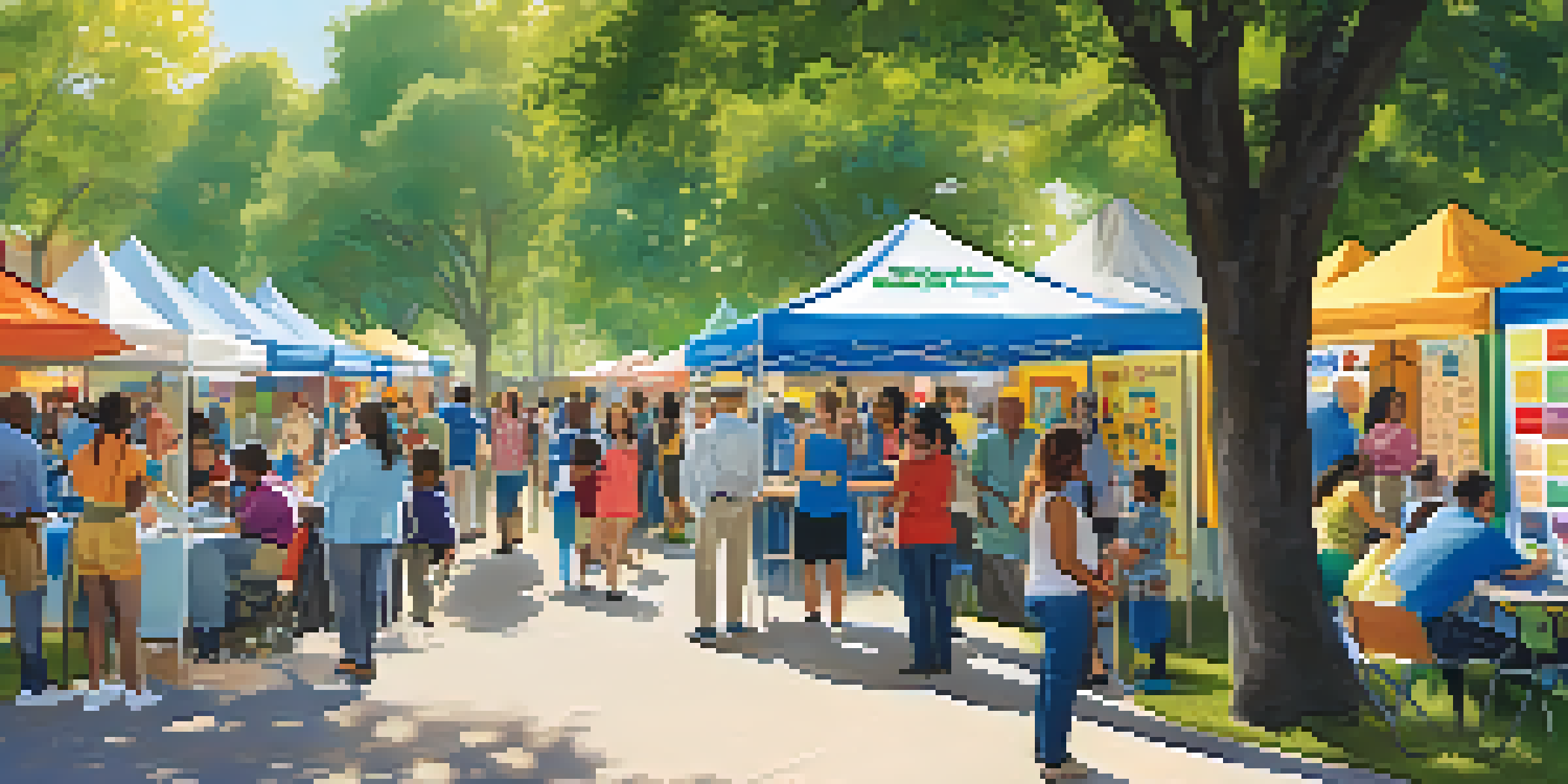 A vibrant health fair in a park with healthcare providers and families exchanging health information under colorful banners.