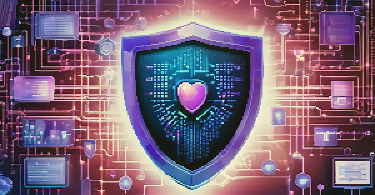 A digital shield symbolizing cybersecurity in healthcare, surrounded by binary code and health-related icons, against a deep blue and purple background.