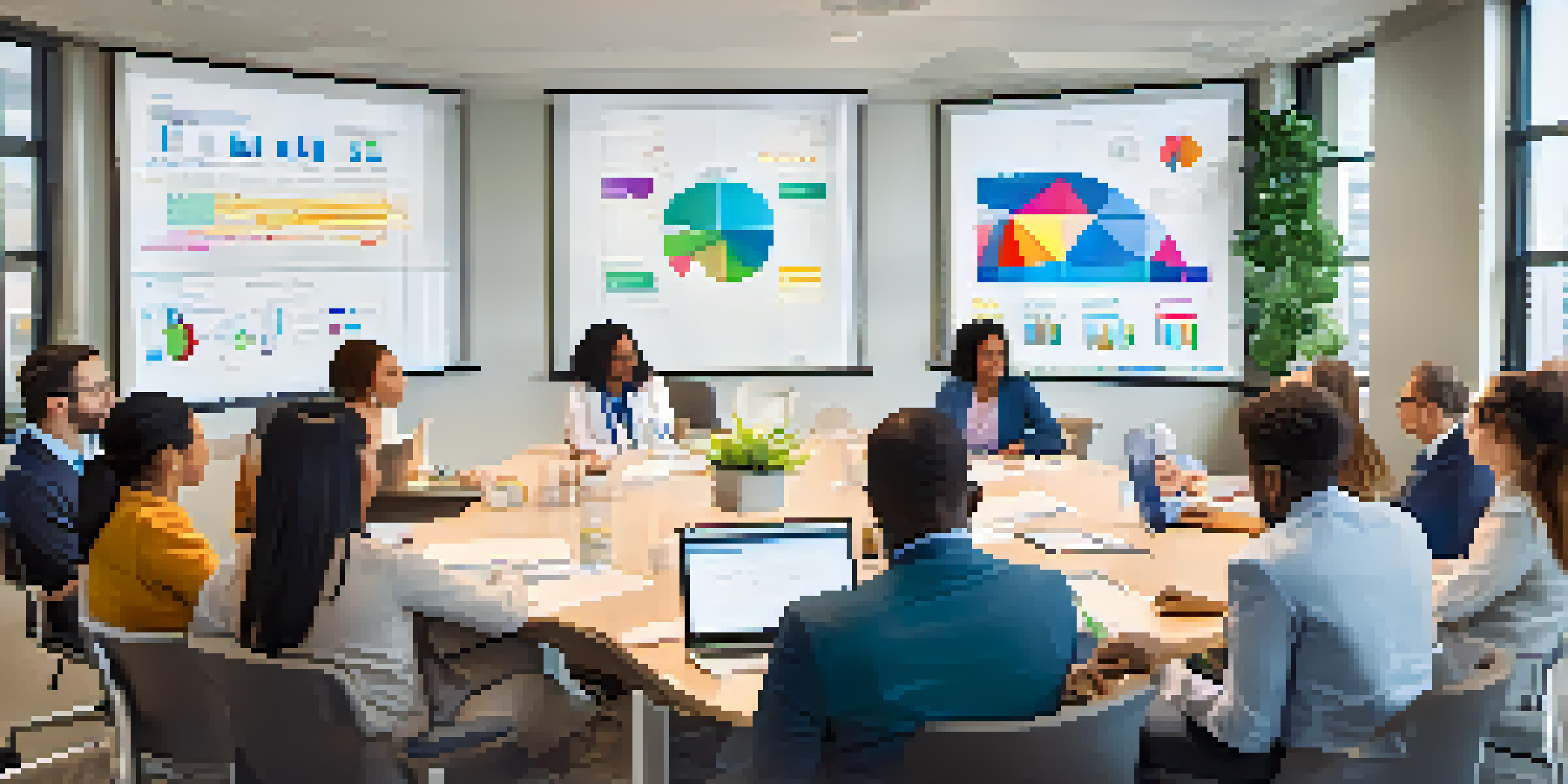 A diverse group of healthcare professionals in a bright meeting room discussing quality improvement strategies around a conference table.