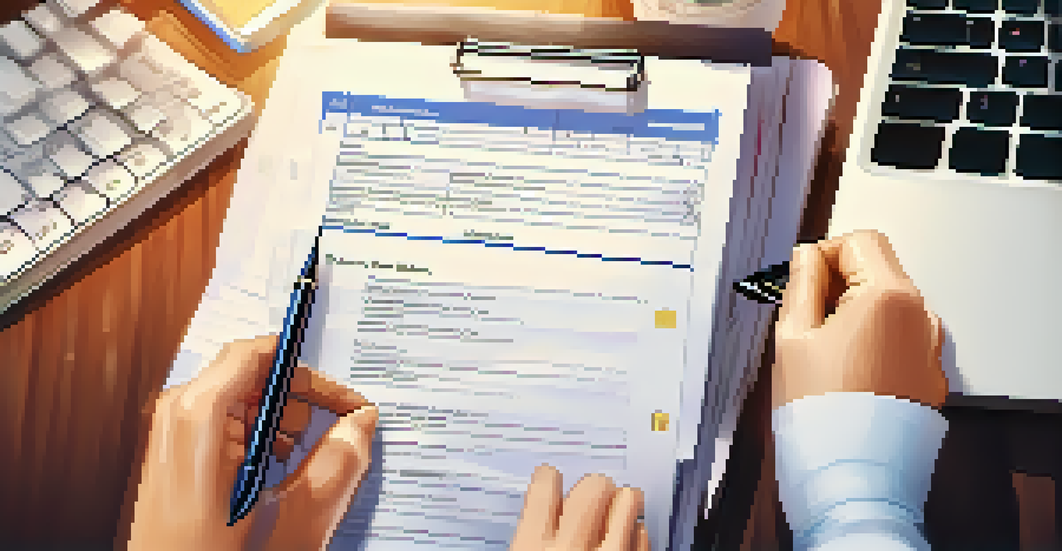 A close-up of a hand writing on a clipboard in an office environment.